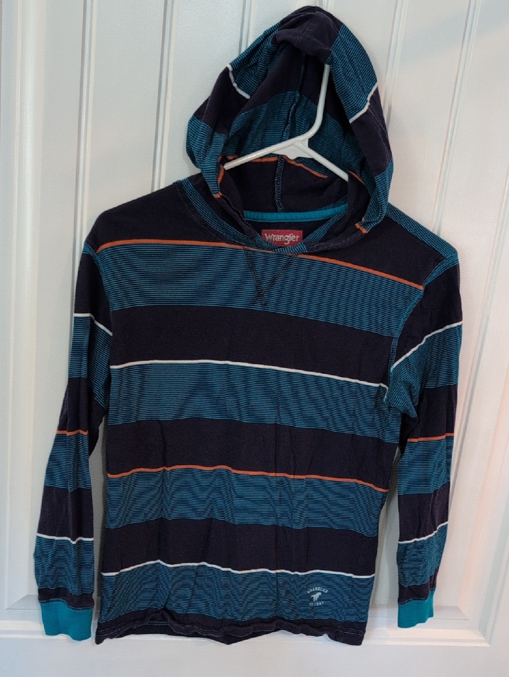Wrangler Navy & Teal Striped Hooded Long Sleeve Shirt